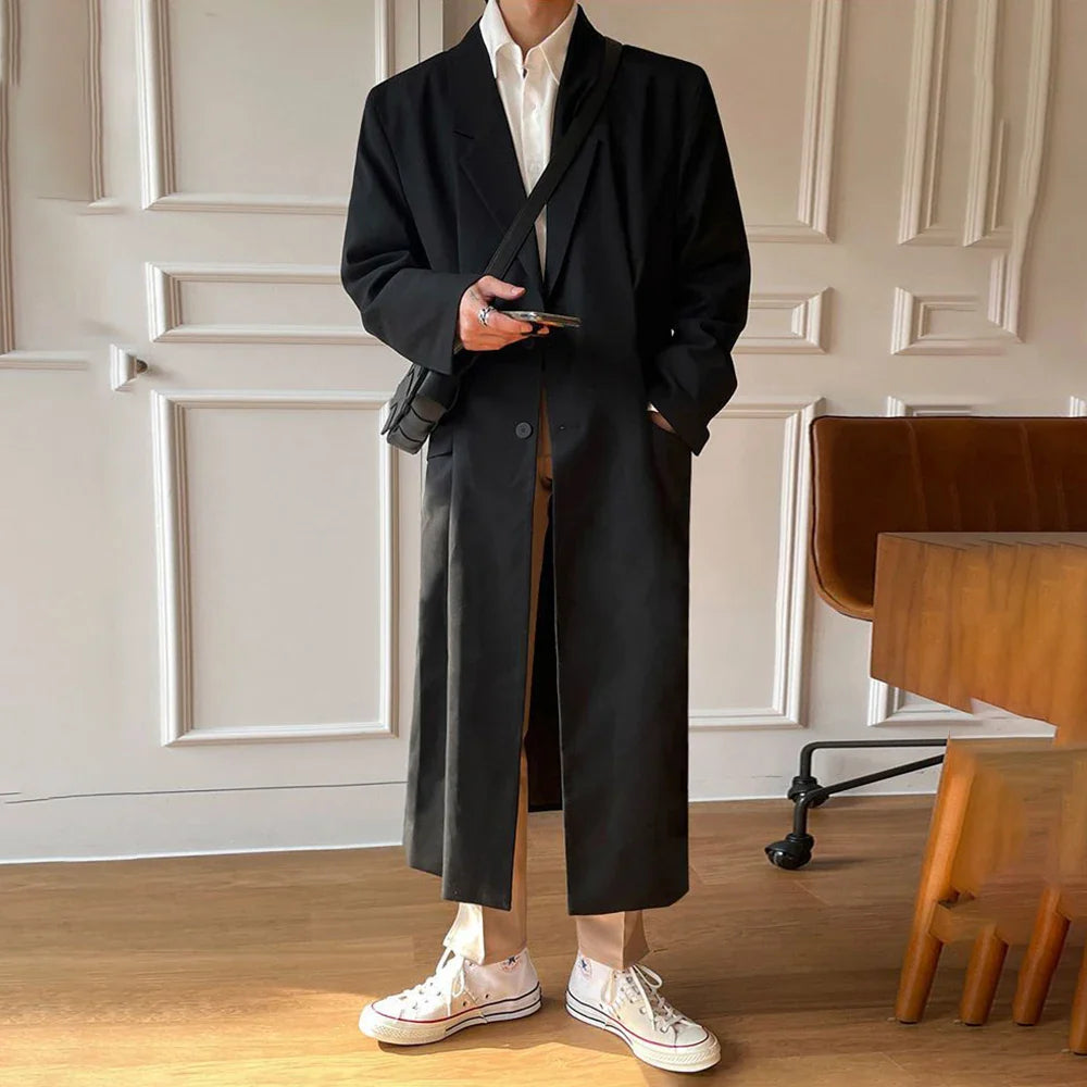 sanyamk Coat Men's Mid-Length Autumn New Men'S Korean Style Trendy Loose Over-The-Knee Casual Retro Comfortable Simple Suit Collar Coat