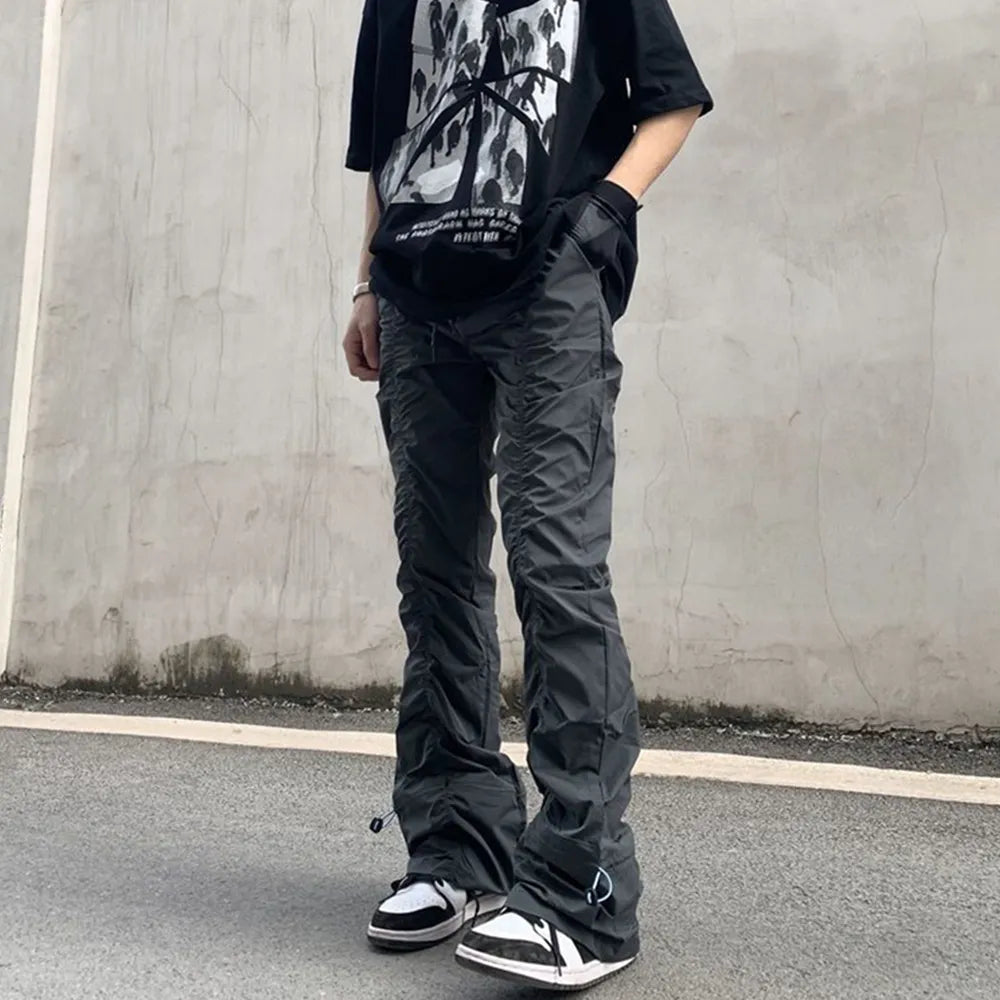 Bonsir New Black Wrinkle Pants Man Harajuku Punk Men's Streetwear Hip Hop Fashion Clothing Casual Tactical Trousers Y2k Goth Flared