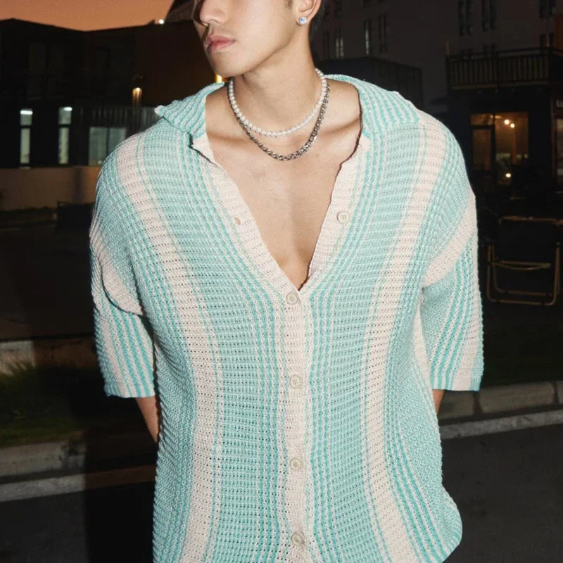 sanyamk Fashion Contract Color Short Sleeve Button Lapel Tops Men Clothing Casual Loose Beach Cardigan 2024 Summer Mens Knitted Shirts