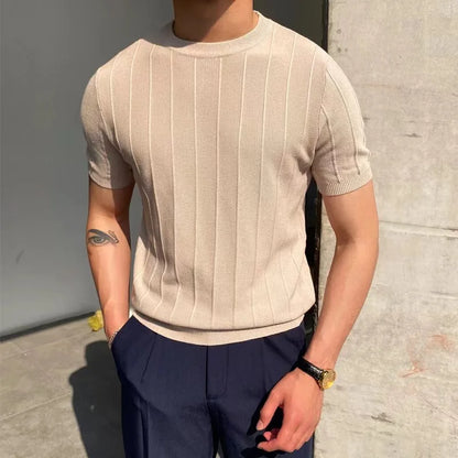 sanyamk 2024 Summer Men Knit Ice silk T shirts High Quality Solid Color Stripe Short sleeve O-neck Tee Tops Mens Thin Slim Fit T-Shirts