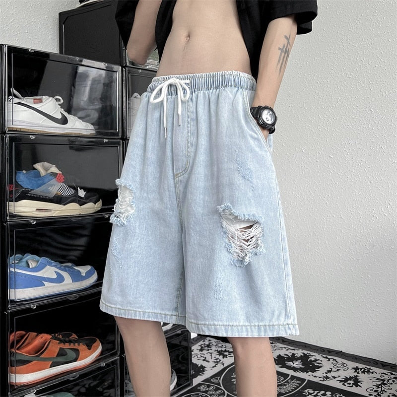 Bonsir Summer Blue Ripped Denim Shorts Men Fashion Casual Hole Denim Shorts Men Streetwear Loose Hip Hop Straight Jeans Shorts Men