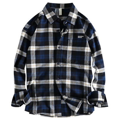 sanyamk New Spring Vintage Ground Wool Plaid Long-sleeved Shirt Men's Back Embroidery Pattern All-match Youth Coat Casual Shirts