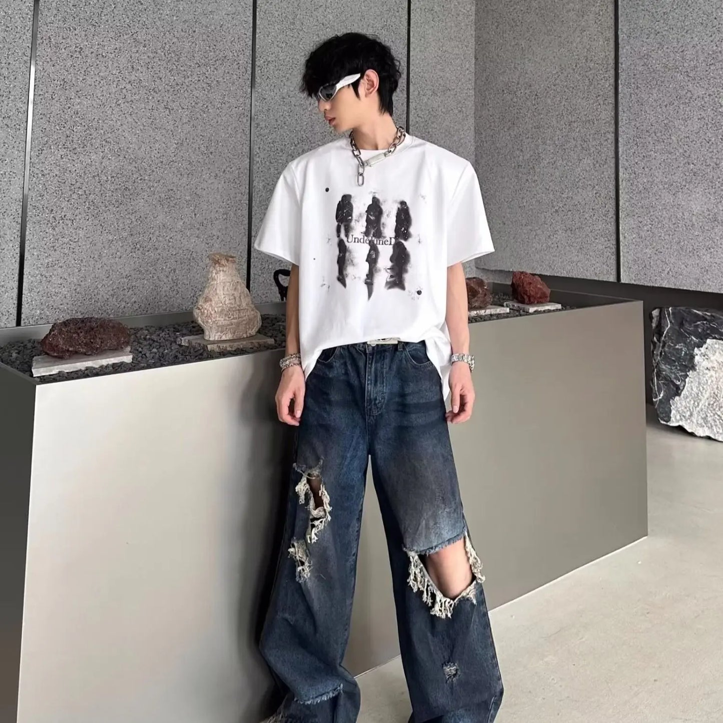 sanyamk American style high street summer distressed jeans men and women washed straight leg loose sweeping wide leg casual pants y2k