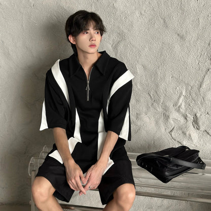 sanyamk  -  Summer High Street Men T-shirts Black White Contrast Patchwork Turn-down Collar Half Zipper Placket Short Sleeve Tops Tees Boys