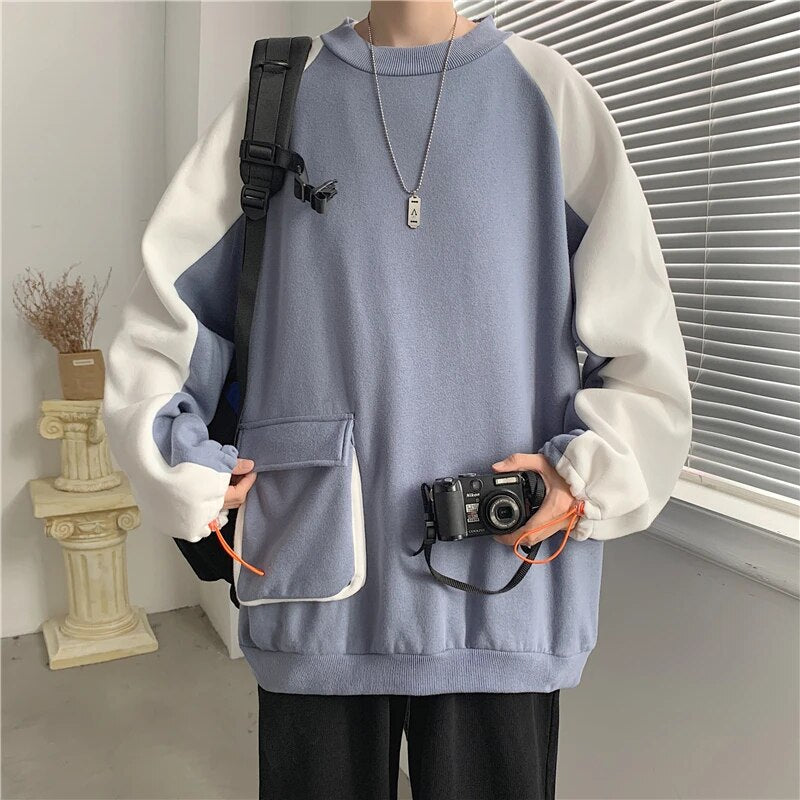 Bonsir Men Sweatshirt Casual Hip Hop Work Clothes Hoodies Male Patchwork Pullover Autumn And Spring Harajuku Streetwear Hot Sale D34