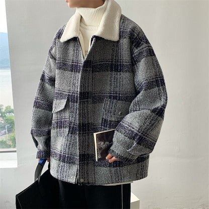 Bonsir Winter Jacket Men Warm Fashion Retro Casual Plaid Thickened Lamb Wool Jacket Men Streetwear Loose Short Coat Men Clothes S-2XL