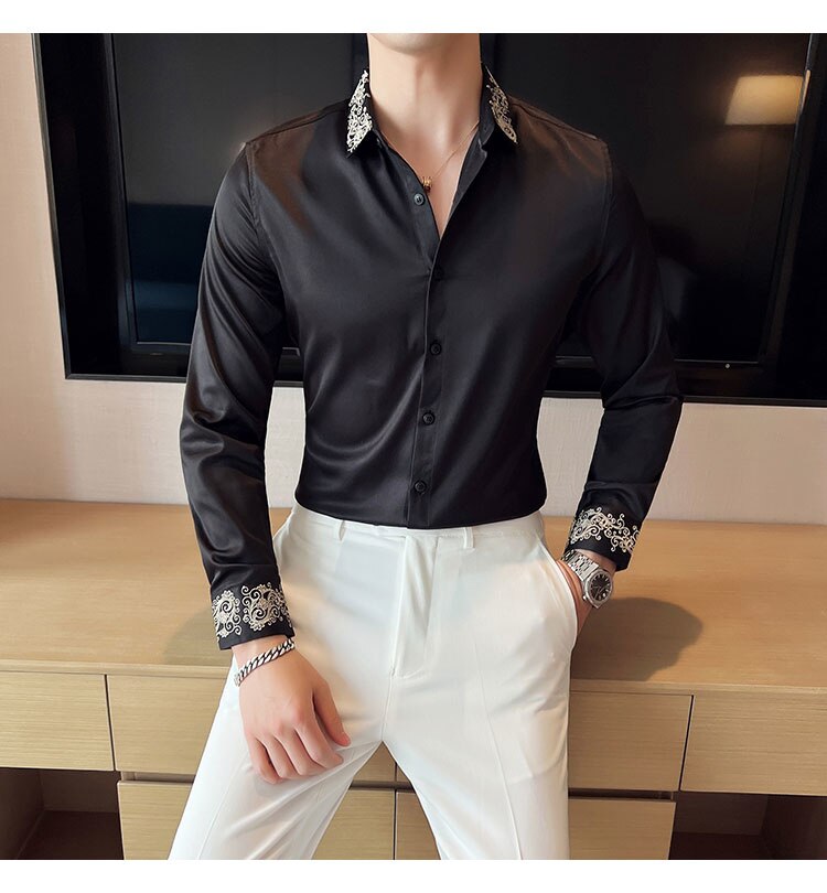 Bonsir Fall Black Gold Court Embroidery Pattern Shirt For Men Long Sleeve Court Casual Business Dress Shirt Social Party Camisa Hombre