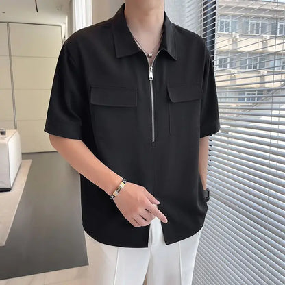 sanyamk  -  Korean Version Men Fashion Half Zipper T-Shirts Summer New Cool Feeling Male Clothing Anti-Wrinkle Pocket Solid Thin Casual Tops