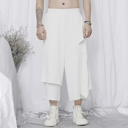 sanyamk Mens New Casual Pants Loose Wide-leg Pants Japanese Streetwear Summer Street Y2k Double-layer Tie Cropped Trousers Genderless