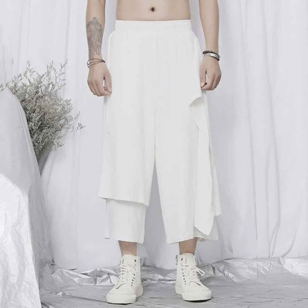 Bonsir Mens New Casual Pants Loose Wide-leg Pants Japanese Streetwear Summer Street Y2k Double-layer Tie Cropped Trousers Genderless