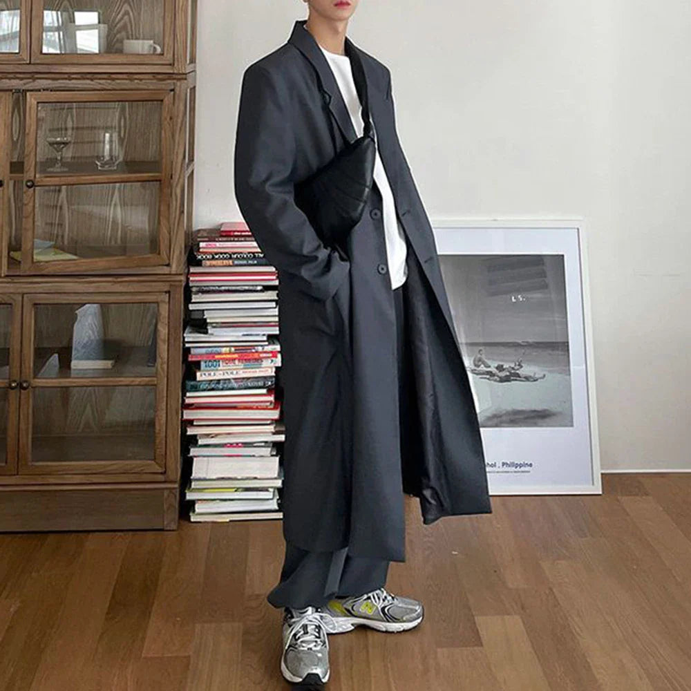sanyamk Coat Men's Mid-Length Autumn New Men'S Korean Style Trendy Loose Over-The-Knee Casual Retro Comfortable Simple Suit Collar Coat