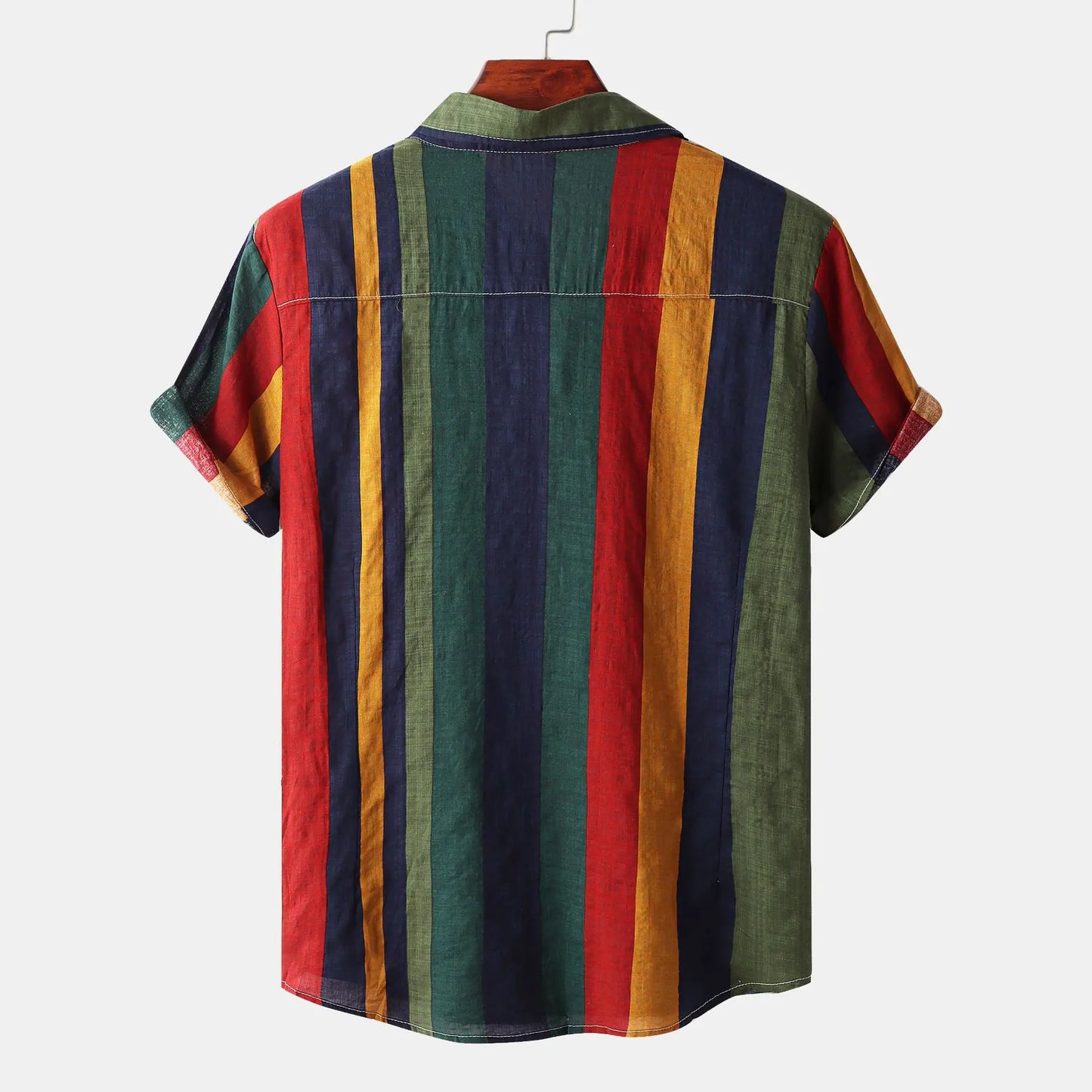 sanyamk High Quality Men's Shirt Rainbow Stripe Short Sleeve Cotton Linen Men Shirts 2024 Summer Fashion Beach Style Shirts Handsome