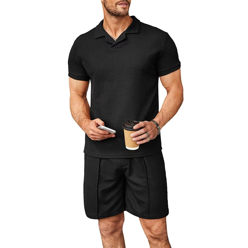 sanyamk Leisure Solid Color Ribbed Two Piece Sets Men Fashion Short Sleeve Lapel Polo Shirts And Shorts Suits For Men's Summer Clothing