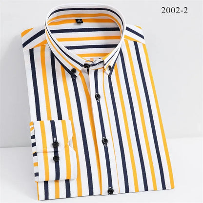 sanyamk Men Spring Summer Comfortable Vertical Striped Strech Mens Dress Shirts Long Sleeve Soft Business Work Shirt  No Pocket Male