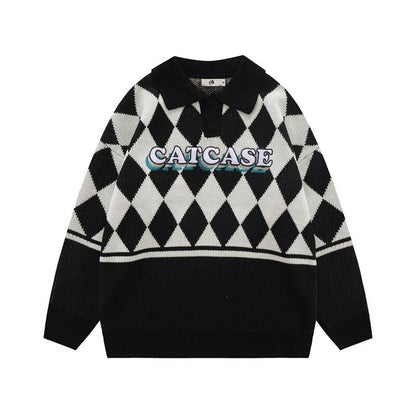 Bonsir Color Match Plaid Lapel Letter Embroidery Autumn Sweater for Male and Female High Street Patchwork Pullover Loose Clothes