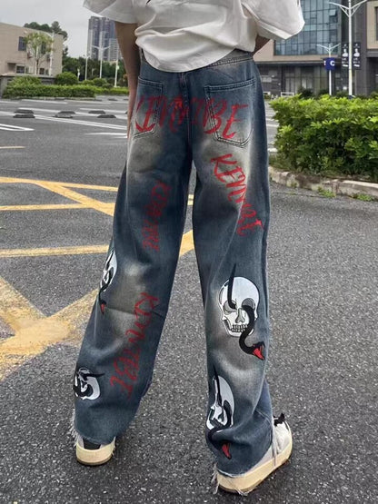 Bonsir Vibe Style Skull Letter Print Punk Men Baggy Jeans Pants Y2K Hombre Straight Loose Hip Hop Denim Trousers Pantalon Homme