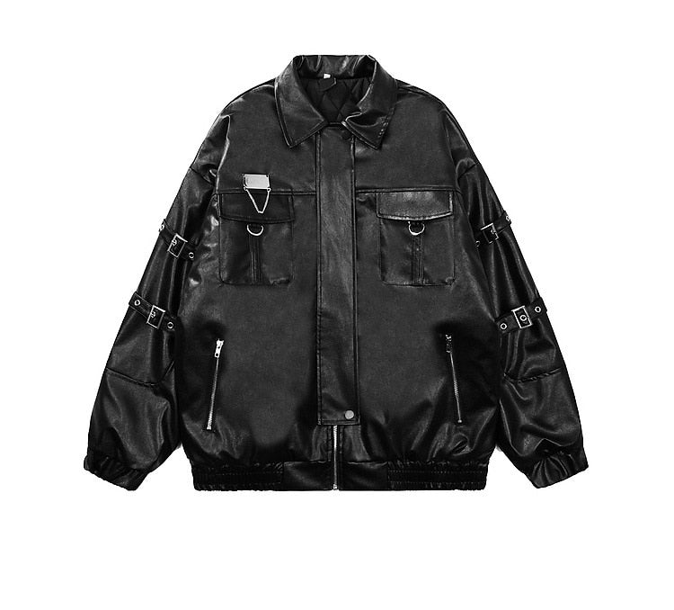 Bonsir Rainbowtouches Mens Motorcycle Jacket PU Leather Cargo Mutil Pocket Hip Hop Coat Parkas Thicken Jackets Black White Streetwear