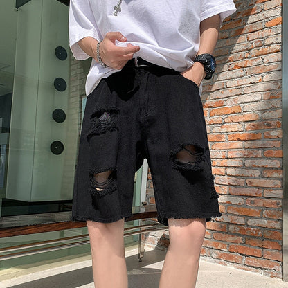 Bonsir Summer Blue/Black Hole Denim Shorts Men Fashion Casual Ripped Denim Shorts Mens Streetwear Hip Hop Loose Jeans Shorts Men M-3XL