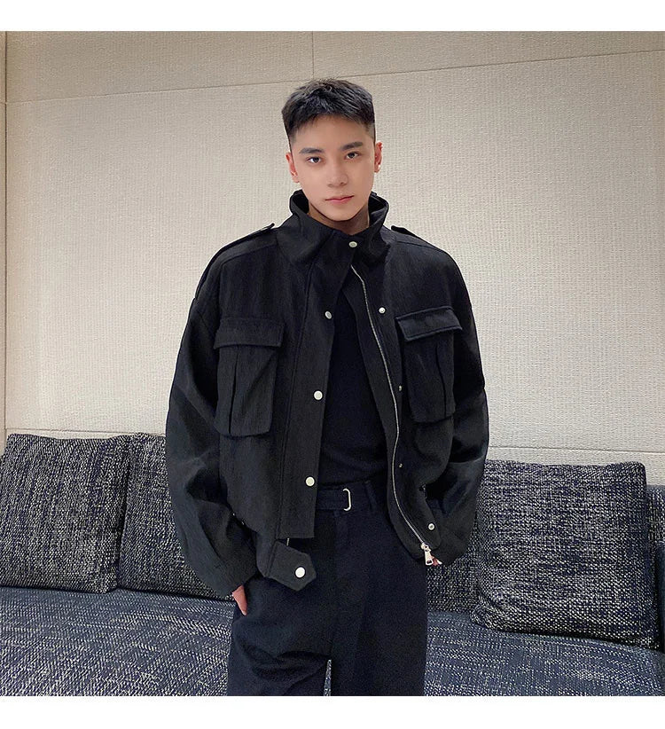 sanyamk -  Texture Spring Pleated Fabric Stand Collar Men's Short Coat New Fashion Three-dimensional Bag Korean Trendyjackets