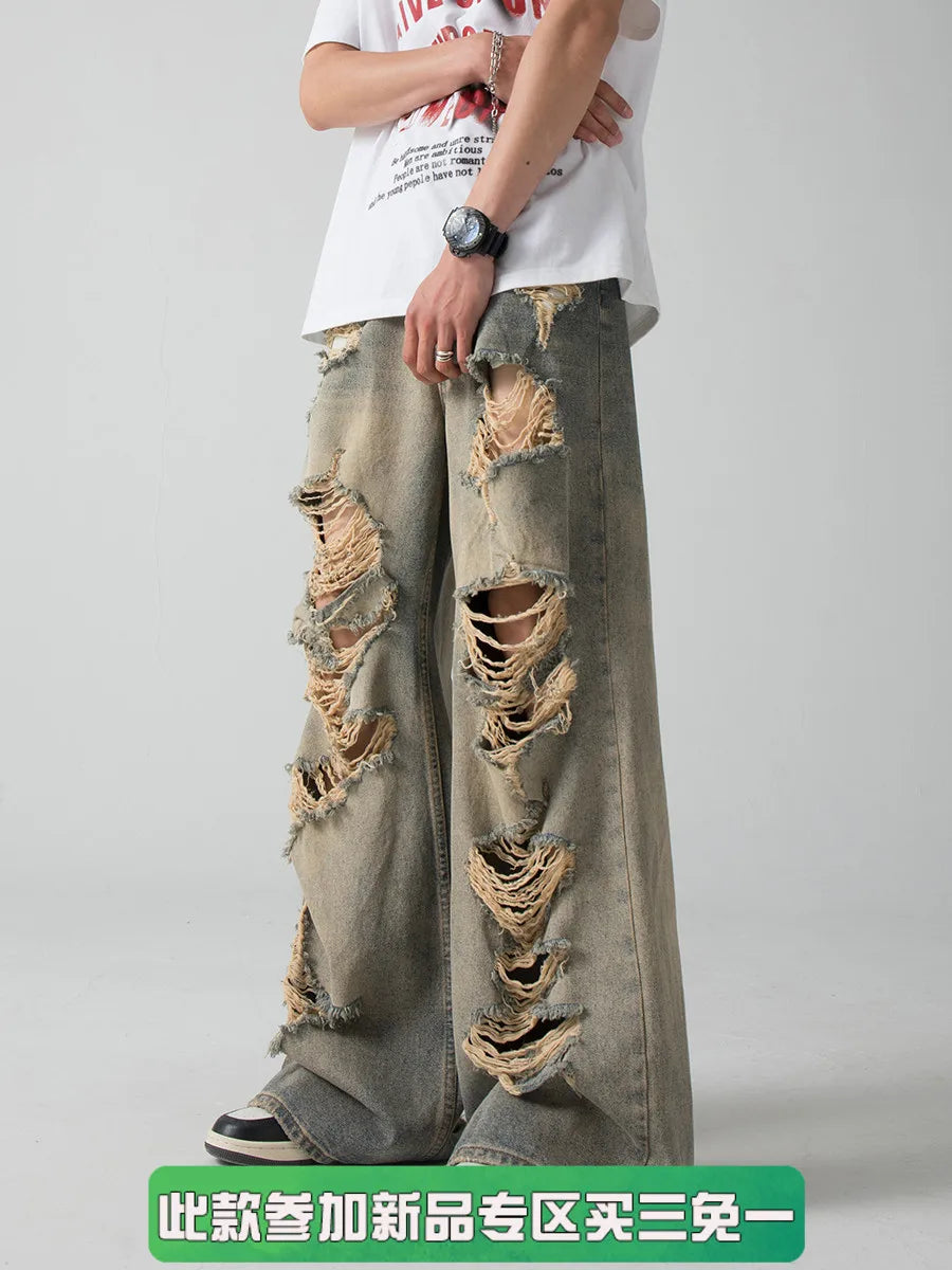 sanyamk Old and Worn Hole Jeans, High Street, Wasteland Style, Small Crowd Vibe, Beggar, Floor Sweeping Long Pants, blusa masculina