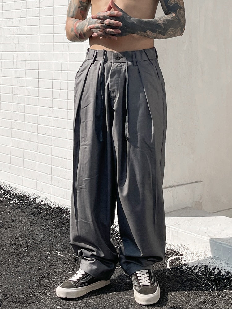 sanyamk Hot Sale Baggy Wide Leg Casual Pants for Men, Y2k Fashion Loose Fit Soft Cotton Trousers Ruffled Hallen Trousers Pantalones