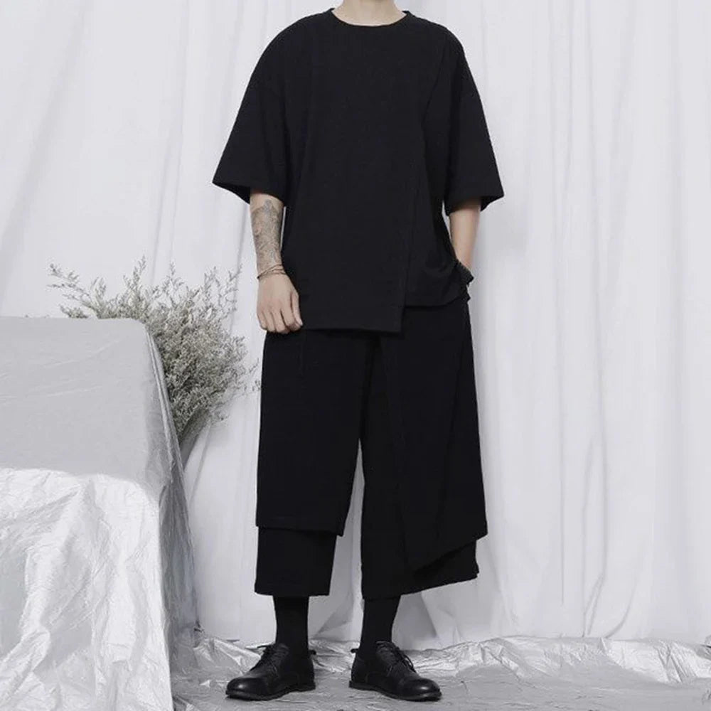 sanyamk Mens New Casual Pants Loose Wide-leg Pants Japanese Streetwear Summer Street Y2k Double-layer Tie Cropped Trousers Genderless