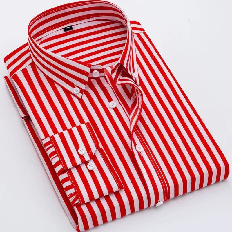 sanyamk New Spring and Autumn Long Sleeve Slim Fit Thin Casual Business Stripe Polo Collar Panel Button Pocket Oversize Men's Shirt