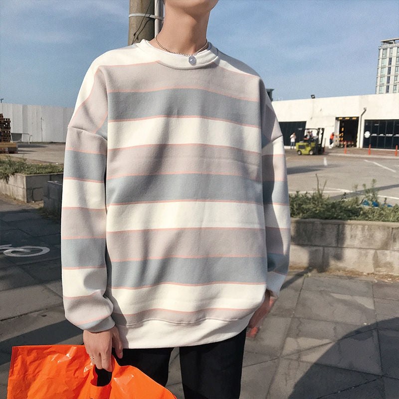 Bonsir Spring New Men Stripe Sweatshirts Oversized Korean Clothing Hoodies Fashion Unisex Pullovers Casual Tops Streetwear