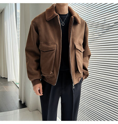 sanyamk Winter Men Lamb Fur Inner Fashion Loose Casual Vintage Short Cargo Jacket Male Japan Korean Streetwear Coat Outerwear