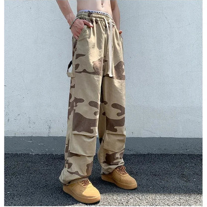 sanyamk American Trend Vintage Summer Casual Cargo Pants Men Print Elastic Waist Drawstring High Street Loose Straigh Wide Leg Trousers