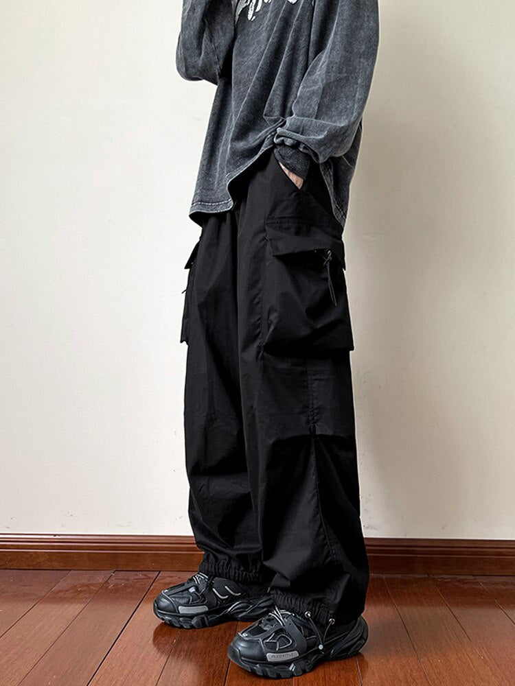 Bonsir Black samurai men's pants oversize pants high street fashion plush knickerbockers American straight charging overalls