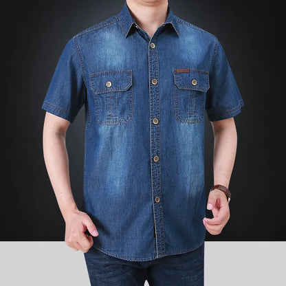 sanyamk Summer New Simple Polo Collar Men Denim Short Sleeve Shirt Comfortable Thin Mens Top Casual Loose Male Shirts