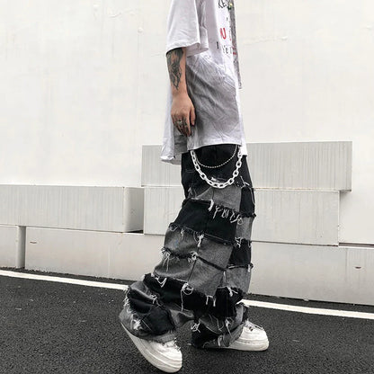 sanyamk Grunge Clothes Ripped Jeans Men Streetwear Casual New Fashion Trousers Wide Leg Street Autumn Winter Punk Distressed Denim Pants