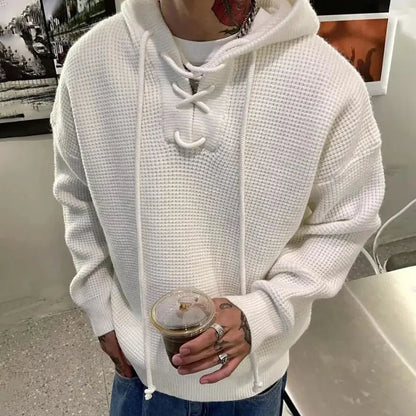 Bonsir Mens Casual Knitted Lace-Up Hooded Sweatshirt 2024 New Autumn Winter Genderless Fashion Street Loose Solid Color Hoodie Unisex