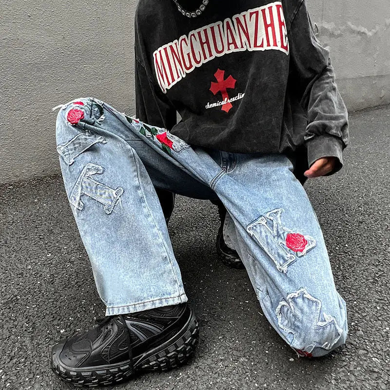 sanyamk American street hip-hop men and women trendy straight leg jeans spring and autumn wide leg rose loose wide leg casual pants y2k