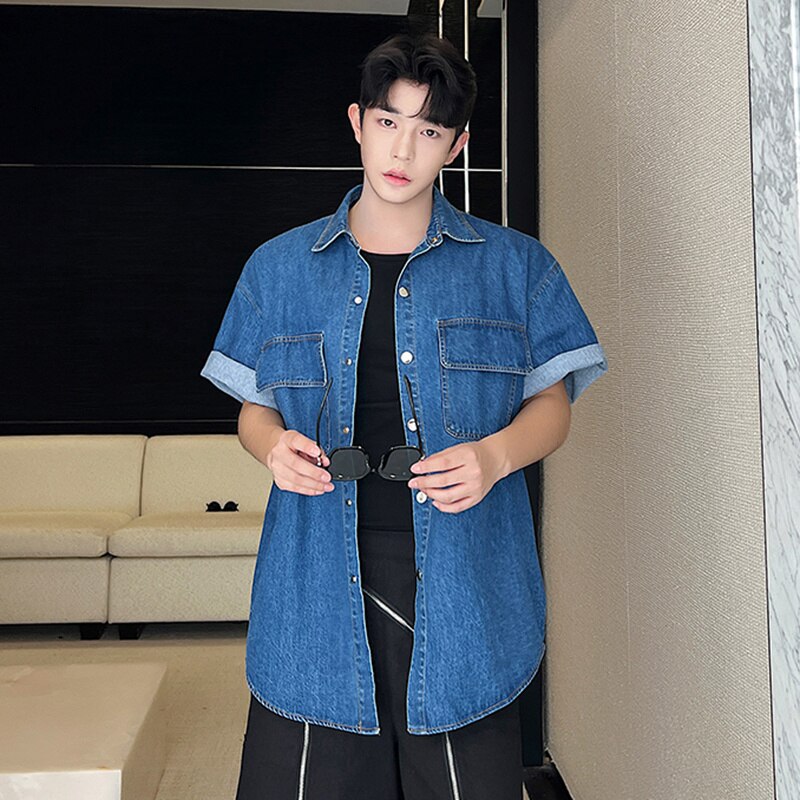 sanyamk Vintage Men's Denim Shirts Summer Korean Style Washed Short Sleeve Jacket Coat Fasion Male Casual Streetwear 2023 New