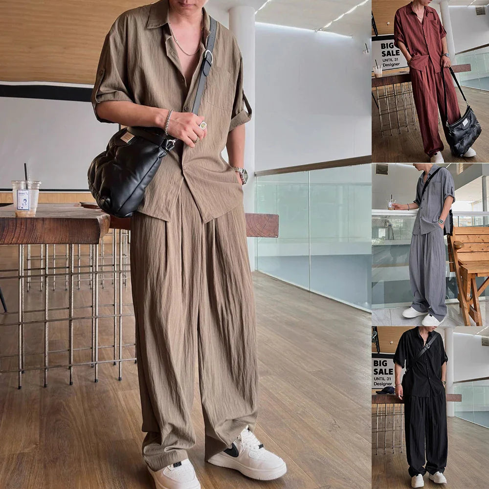 sanyamk Mens Casual Light Shirt Wide Leg Pants 2024 New Genderless Fashion Vacation Basics Versatile Solid Color Suit Two-Piece Unisex