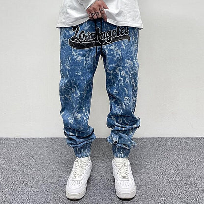 sanyamk Tie Dye Washed Letter Embroidery Drawstring Jeans Pants Men's Retro Streetwear Joggers Sweatpants Oversize Casual Denim Trousers