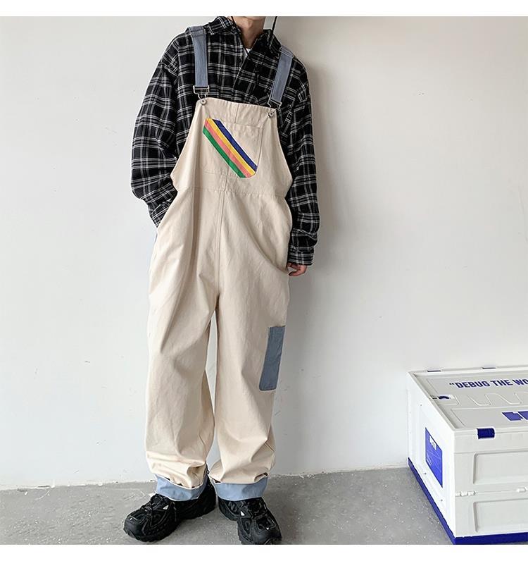 sanyamk Men Suspenders Jumpsuits Oversized Rainbow Printing Overalls Summer Straight Casual Pants Vintage Splicing Trousers Male Clothes