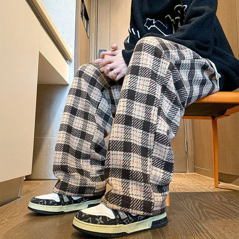 Bonsir Green Plaid Pants Men Harajuku Winter Wide Leg Checked Trousers Male Oversize Big Size Casual Sweatpants Streetwear 8XL