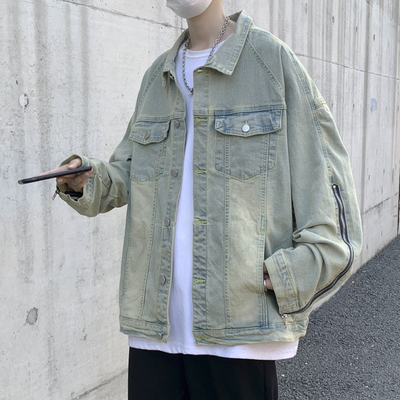 sanyamk Tide Denim Jacket Men's Spring and Autumn Korean Street Vintage Hip-hop Casual Zipper Long-sleeved Coat Cardigan