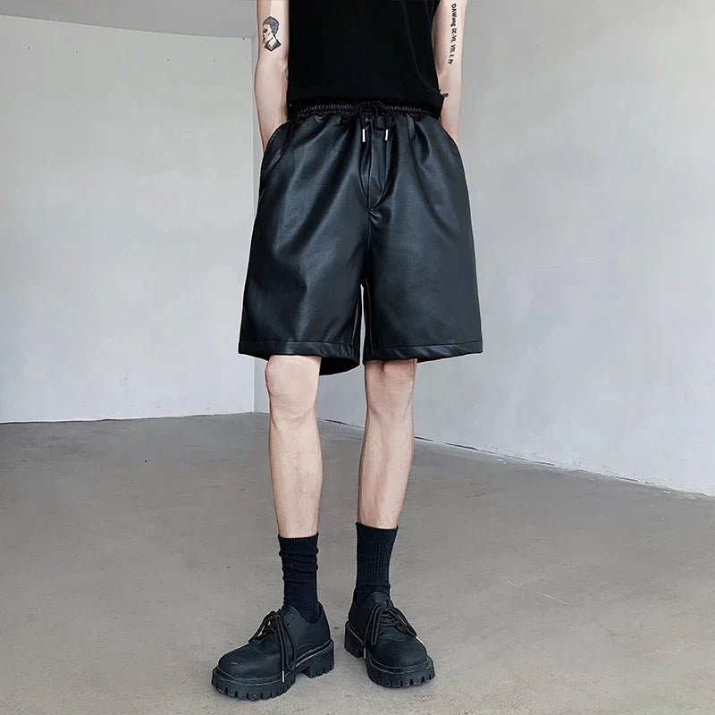 Bonsir Summer Leather Shorts Men Fashion Black Motorcycle Shorts Mens Streetwear Hip-hop Loose Leather Shorts Men Casual Shorts M-2XL