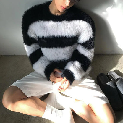 sanyamk Mens Autumn Winter Y2k Striped Imitation Mink Knitted Sweater New Essential Casual Comfortable Simple Sweater For Men