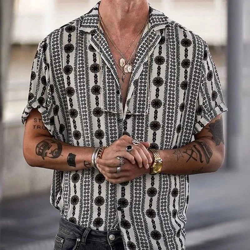 sanyamk Suliamacoxy 2024 Loose Lapel Short-sleeved Men's Casual Shirt 4 Way Stretch Printed Ethnic Style Retro Summer Clothing for Men