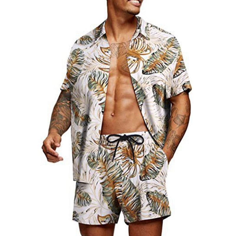 Bonsir Vintage Striped Print Shirts Mens Two Piece Sets Summer Short Sleeve Beach Shirt And Loose Shorts Men Suits Fashion Streetwear