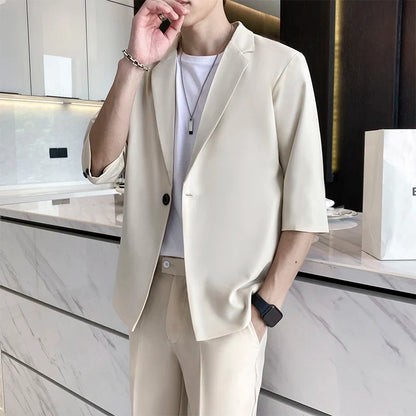 sanyamk Summer Short Sleeved Blazer Men Slim Fit Fashion Social Mens Dress Jacket Korean Casual Suit Jacket Mens Office Formal Jackets