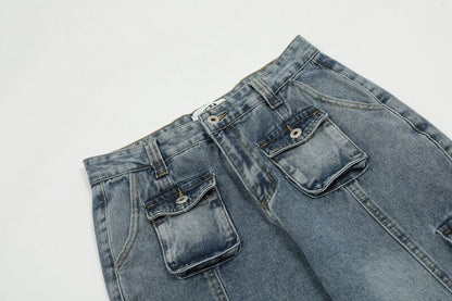 sanyamk High Street Washed Pockets Retro Jeans Pants for Men Straight Distressed Casual Baggy Denim Trousers Loose Hip Hop Cargos