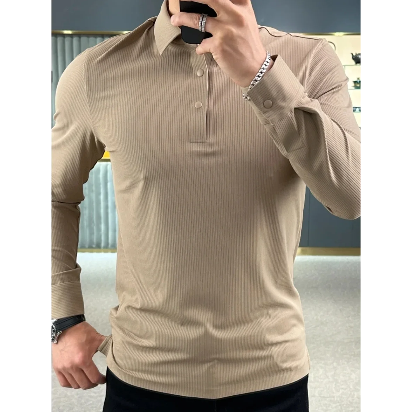 sanyamk Autumn Spring Lapel Solid Long-sleeved T-shirt Fashion Simple Handsome Casual Loose Polo Shirts Men Tops Male Clothes