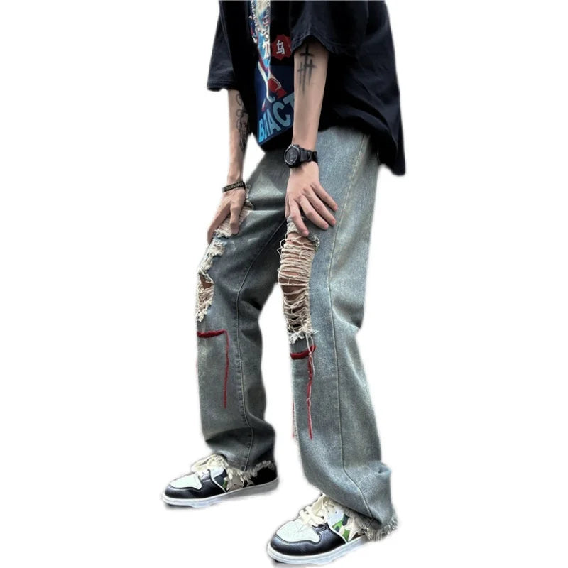 Bonsir Street high Street pants ins trendy embroidered worn-out hole denim jeans men men's beggar floor mop pants streetwear New