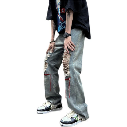 sanyamk Street high Street pants ins trendy embroidered worn-out hole denim jeans men men's beggar floor mop pants streetwear New